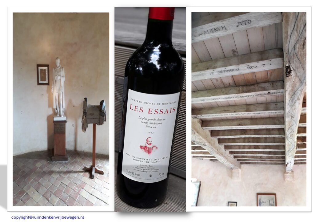 Afbeelding is drieluik van beeld van Michel de Montaigne, fles rode wijn met op etiket Les Essais en plafond in werkkamer van Montaigne met in de balken de citaten van diverse bekende filosofen.