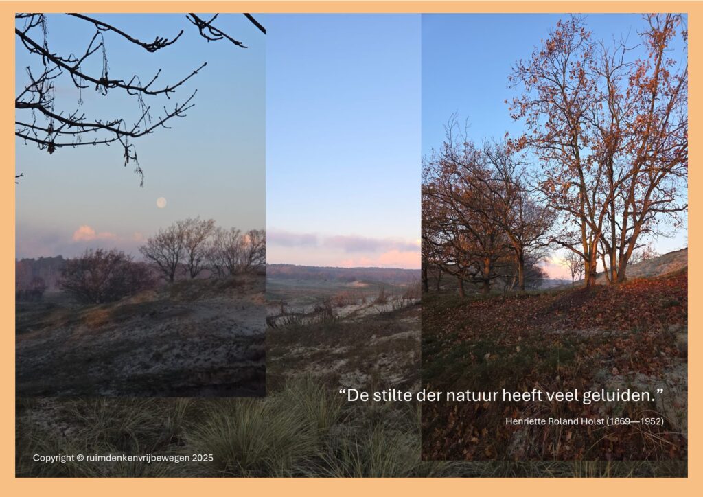Collage van duinlandschap in de winter met ondergaande maan als begeleiding bij gedicht en intermezzo De stilte der natuur
