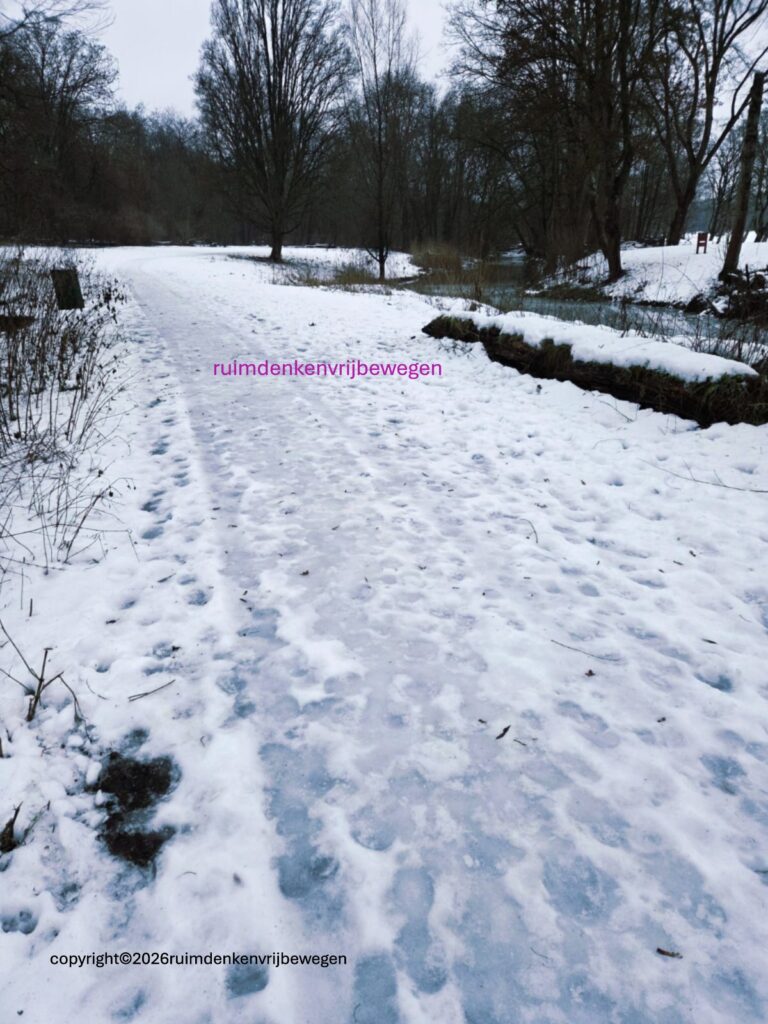 Folo bij filosofische vraag: Wat is voor jou het goede leven en handel je hier ook naar? Bospad, met sneeuw en ijs, in het Kralingse Bos vol voetstappen van vorige dagen.