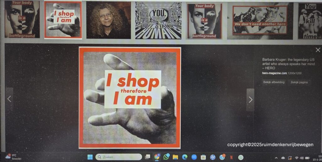 Afbeelding van website met prominent in beeld kaart met tekst "I shop therefore I am", van Barbara Kruger, verwijzend naar kinetisch genot en in relatie met de jaarlijkse actie van Dry January